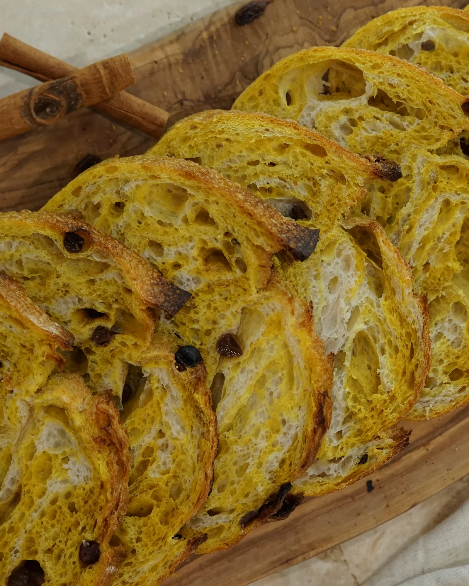 Turmeric cinnamon raisin sourdough, sliced